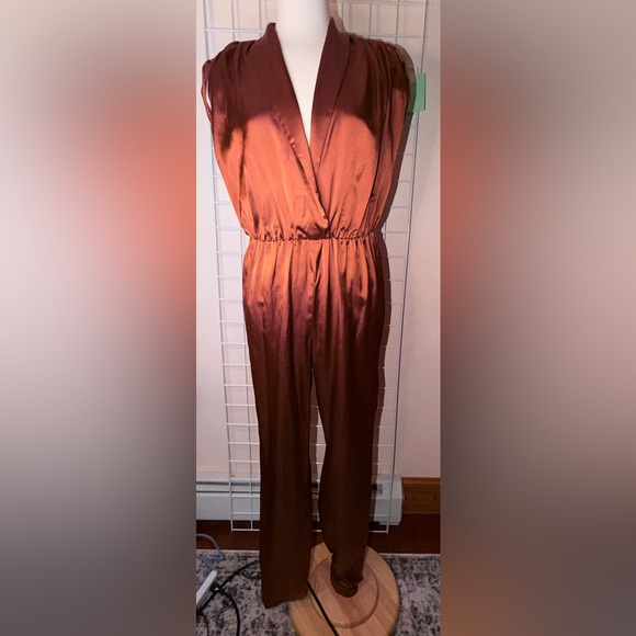 Awesome, vintage Satin Copper Brown Women's Jumpsuit with Elastic Waist - Picture 2 of 11
